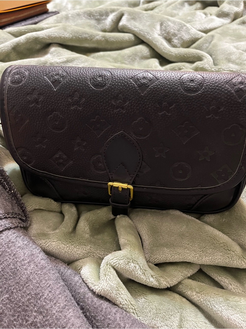 Embossed Leather Shoulder Bag in Dark Brown with Gold Buckle